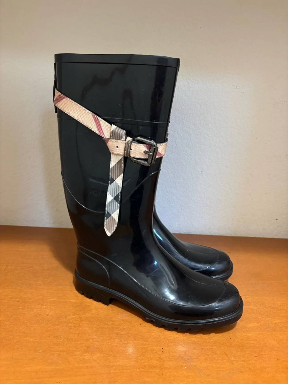 Women's Burberry Rain Boots with Plaid Accent Strap